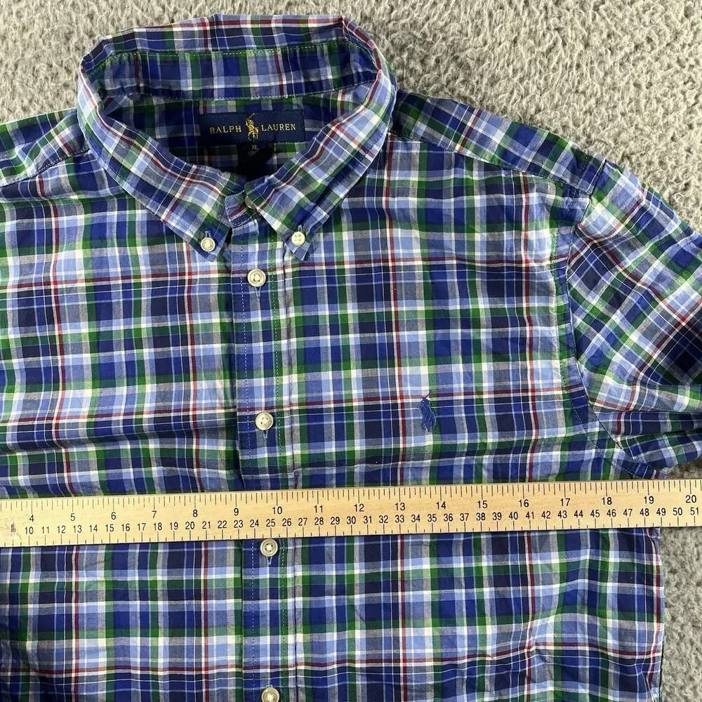 Ralph Lauren Boys XL 18-20 Plaid Button Down Shirt Long Sleeve Blue Green Pony